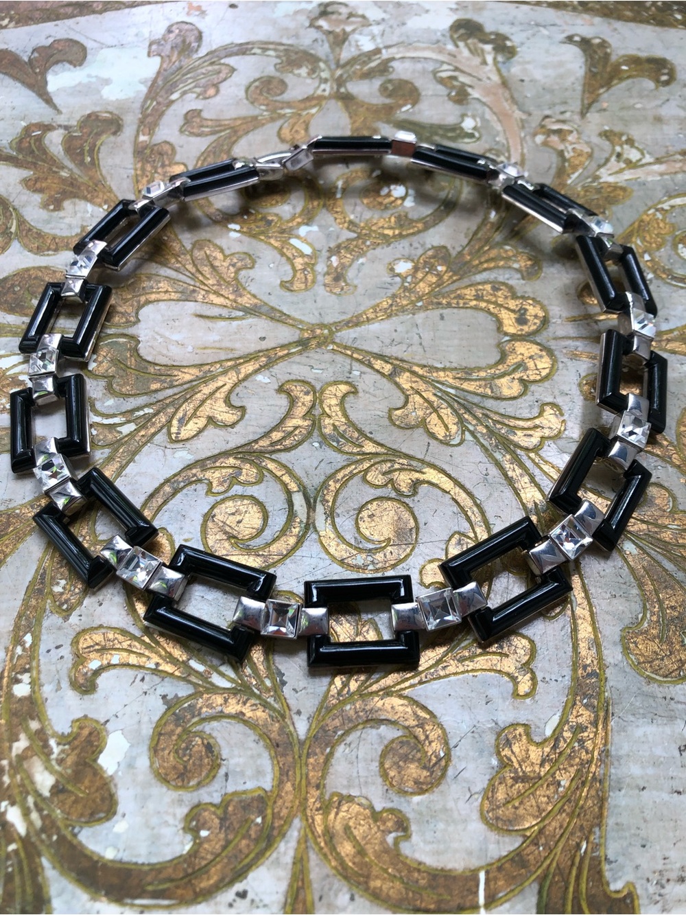 Nina Ricci Black and Clear Rhinestone Geometric Link Necklace Runway Designer